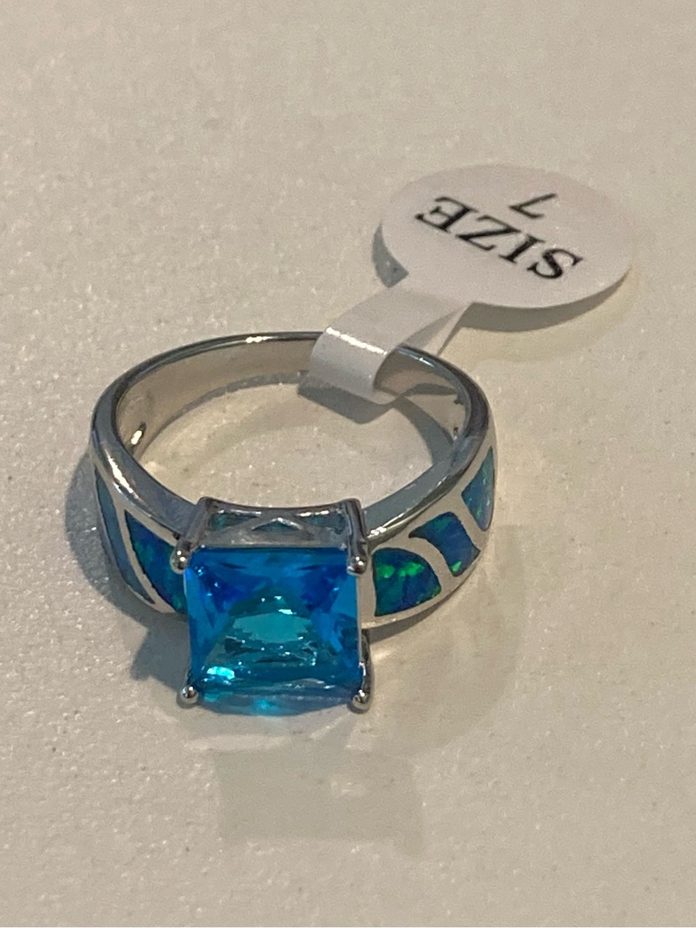Blue CZ Square-Cut and Blue Opal Ring - Picture 8 of 13